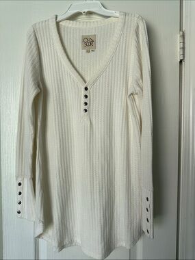 Chaser Cream V-Neck Waffle Knit Henley Sweater